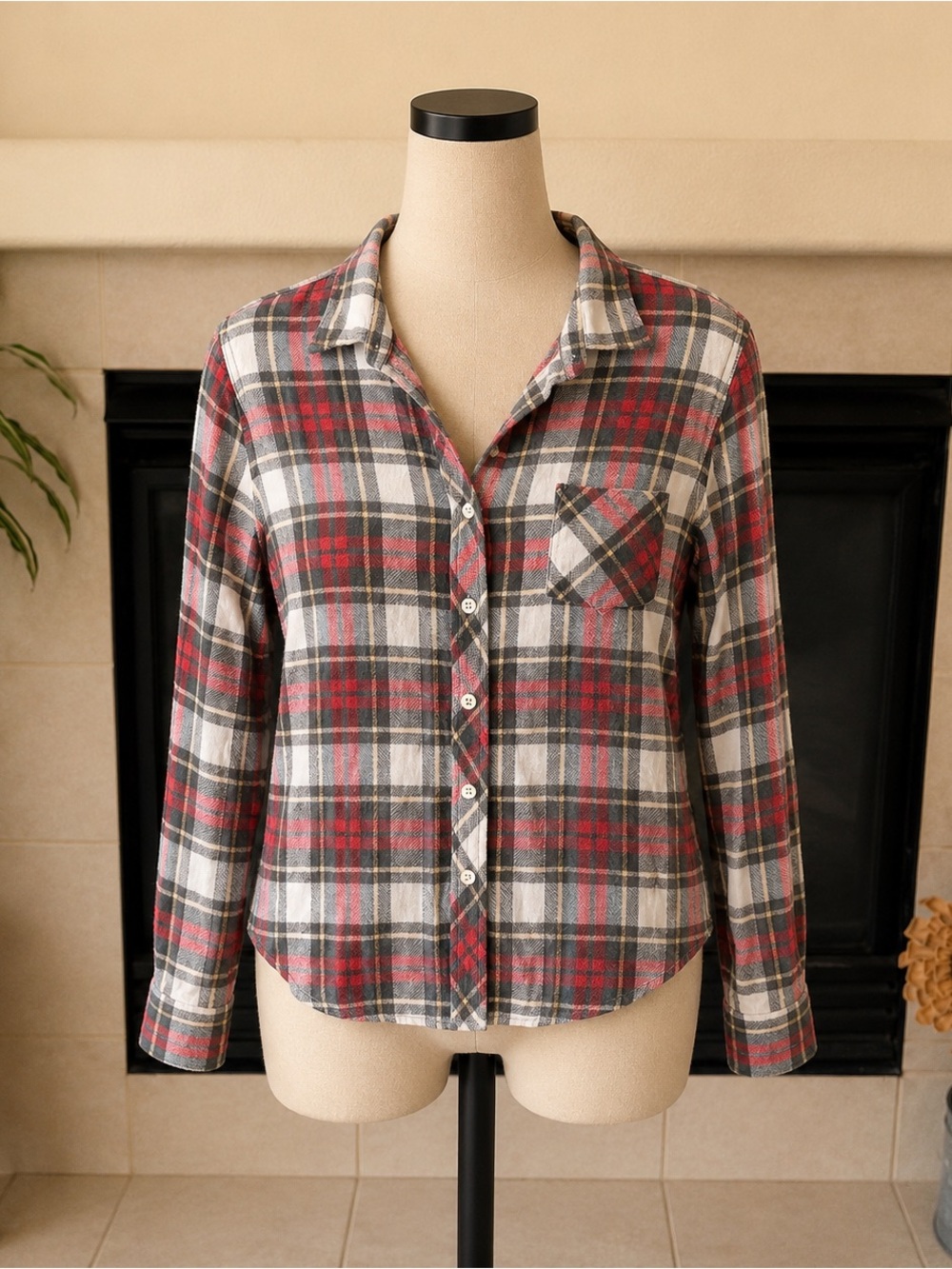 Ralph Lauren Red, Gray and Cream Plaid Button-Down Shirt